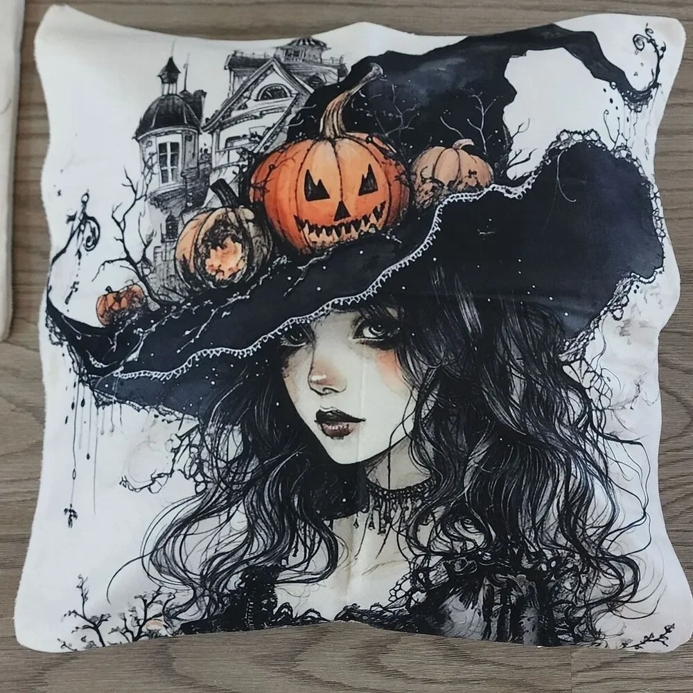 Halloween Gothic Witch Throw Pillow Covers Hat w/Pumpkins Zip Closure Set Of 2